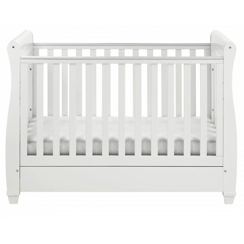 Babymore Eva Sleigh Dropside Mini Cot Bed with Drawer White Olivers