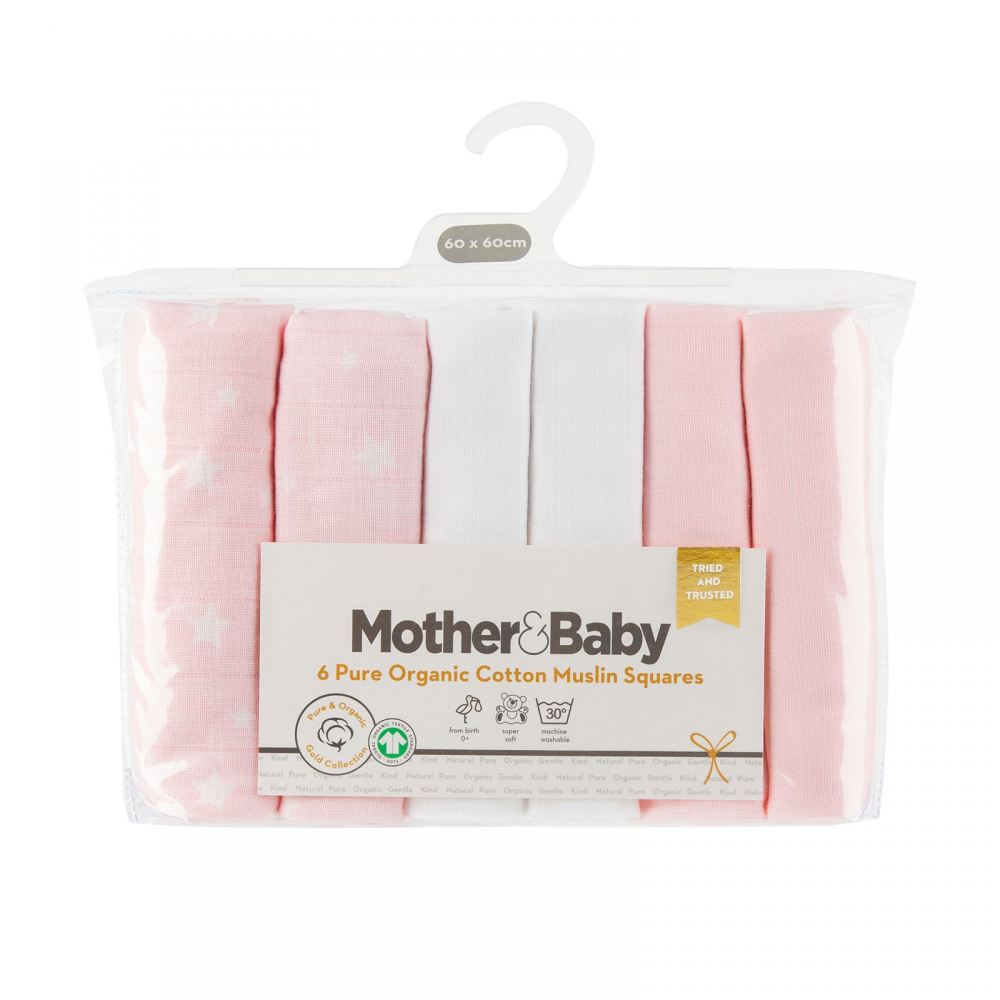 Mother&Baby 6 Pack Cotton Muslins Pink Swaddle Olivers BabyCare