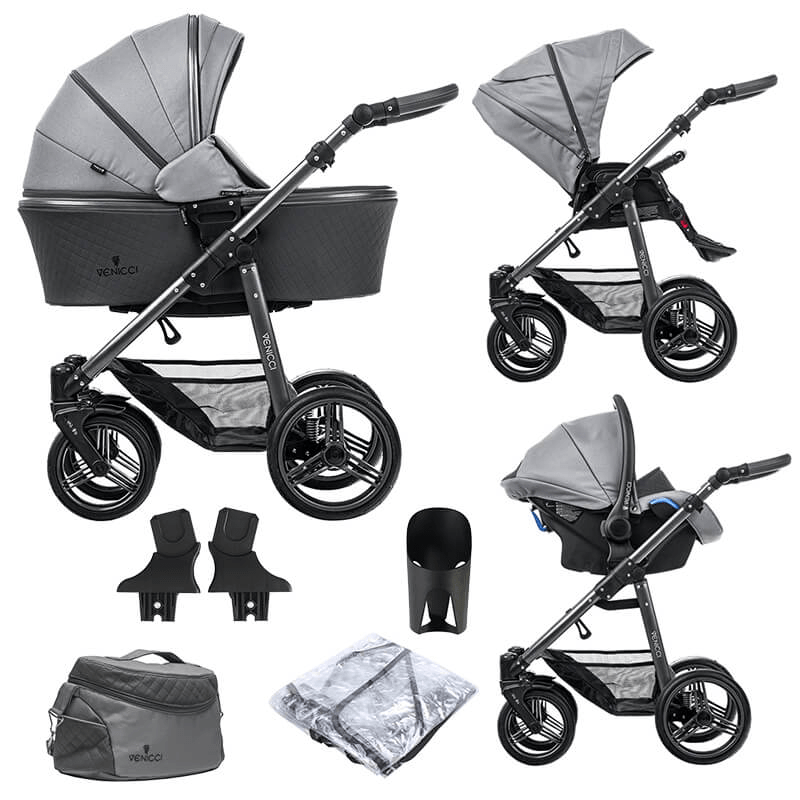 Venicci Carbo Lux 3 in 1 Travel System (9 Piece Bundle) - Natural Grey