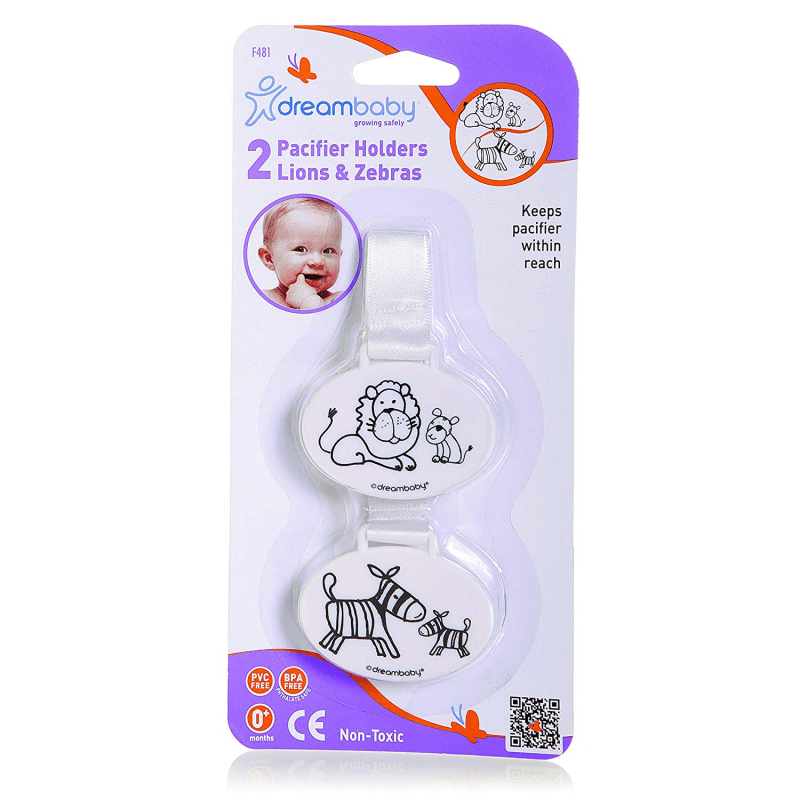 Dreambaby Pacifier Holder - Lion And Zebra 2 Pack White / Black Unisex