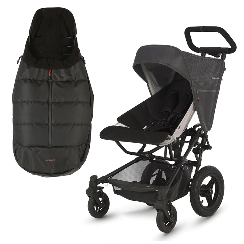 black stroller with footmuff