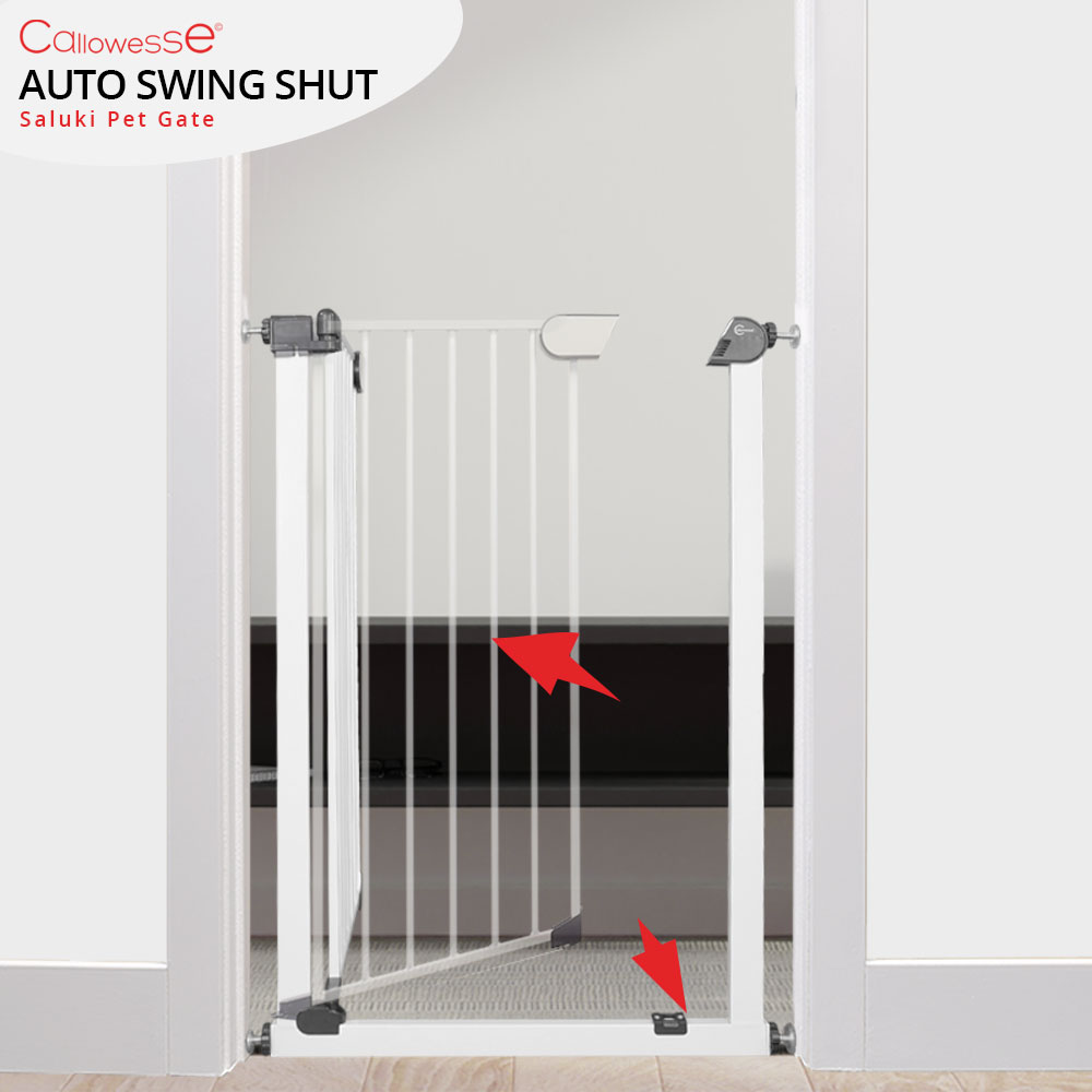 White Steel. Red/Green Locking Indicators Callowesse® Saluki Tall Narrow Pet Gate 91-98cm with Included 28cm Extension Use Around The Home Pressure Fit 96cm Tall Stair Gate