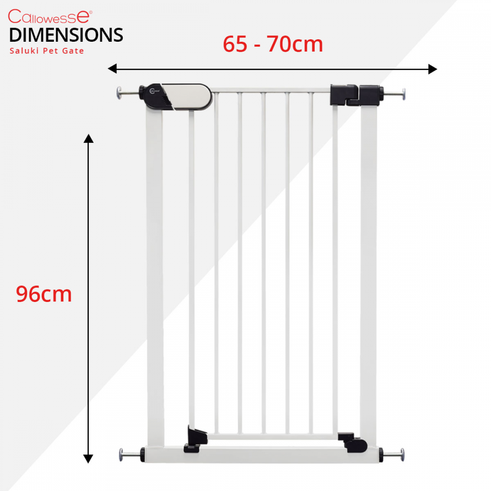 White Steel. Red/Green Locking Indicators Callowesse® Saluki Tall Narrow Pet Gate 91-98cm with Included 28cm Extension Use Around The Home Pressure Fit 96cm Tall Stair Gate