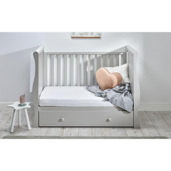 grey cot bed with mattress