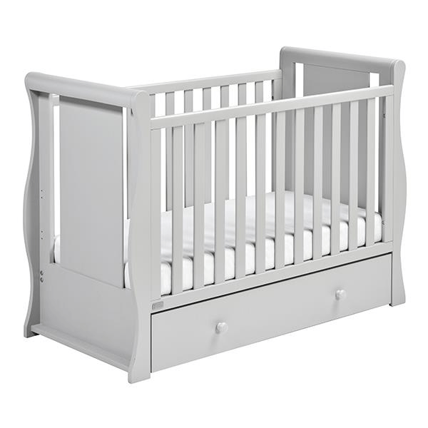 grey cot bed with mattress