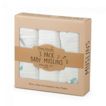 Petite Piccolo 3 Pack baby muslins - Feathers