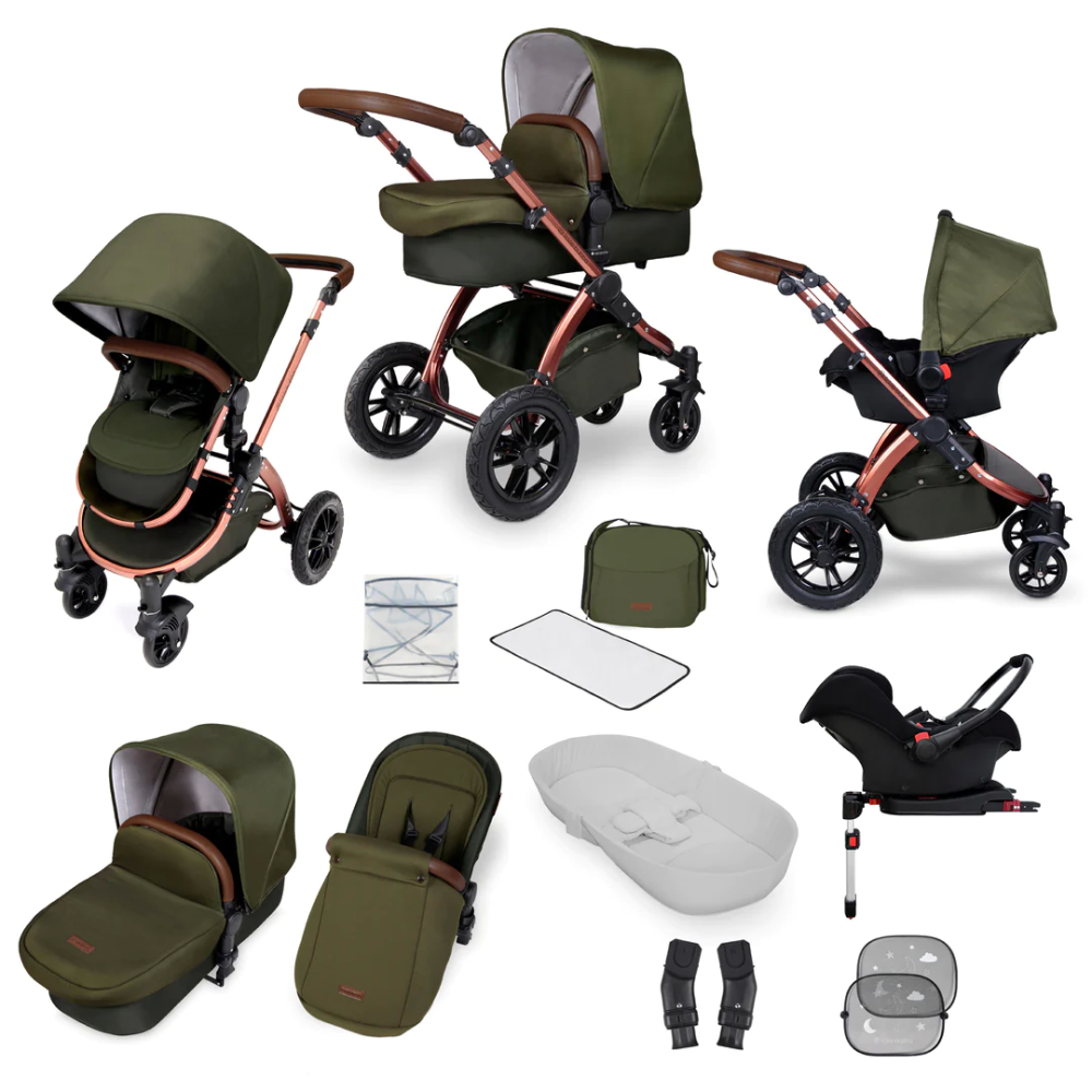 Ickle Bubba Stomp Luxe All-in-One I-Size Travel System With Isofix Base -  Black / Woodland / Tan