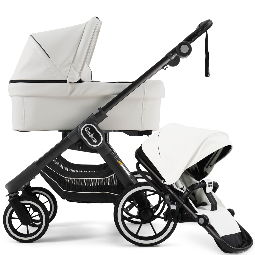 NXT90 Carrycot and Ergo Seat White Leatherette on black chassis