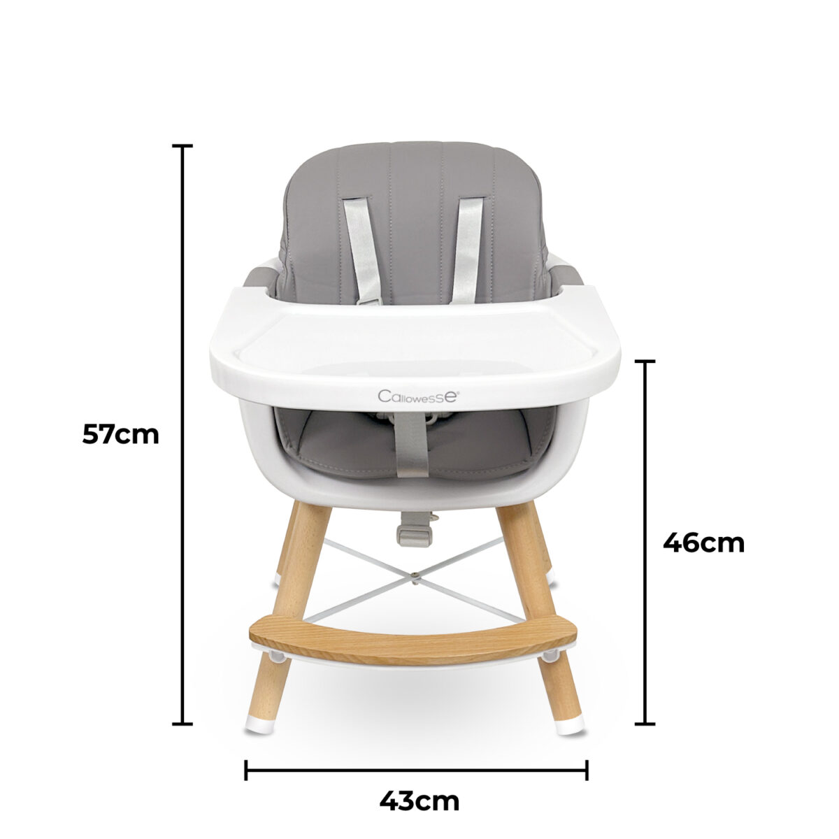 Callowesse Elata wooden highchair in toddler seat configuration with dimensions