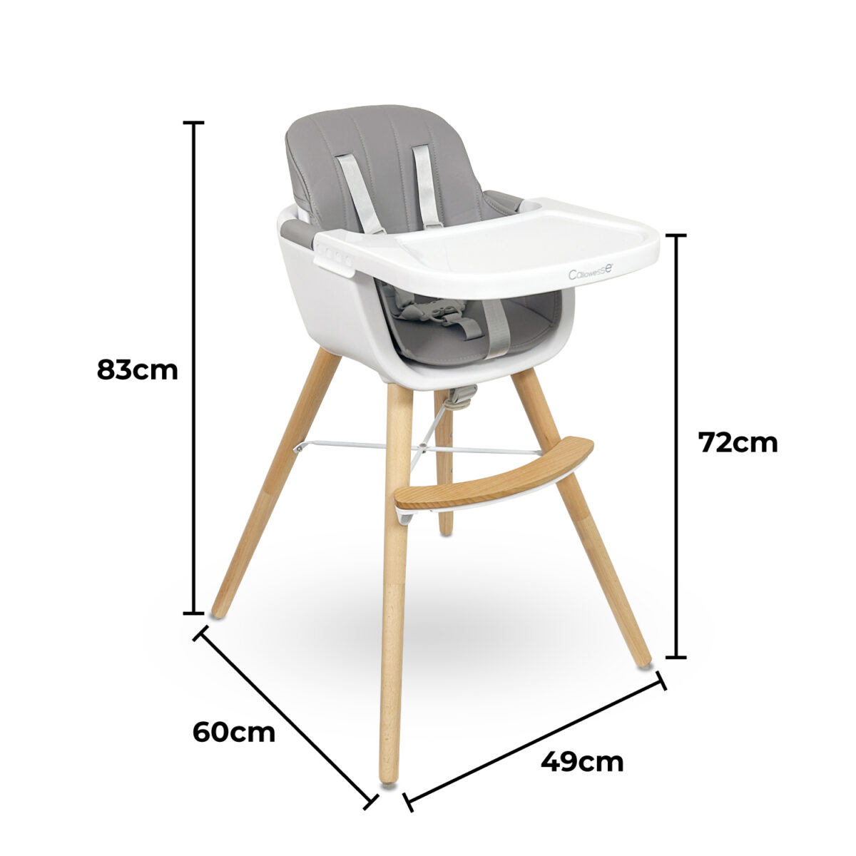 Callowesse Elata wooden highchair in highchair booster seat configuration with dimensions