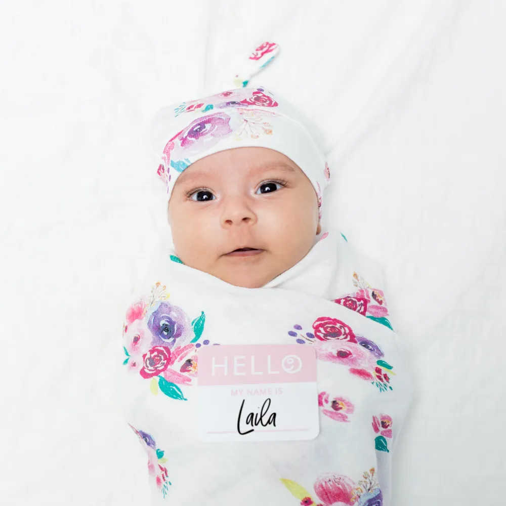 Lulujo Swaddle Blanket & Hat Bamboo - Posies - Image 7