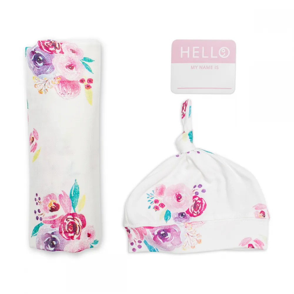 Lulujo Swaddle Blanket & Hat Bamboo - Posies