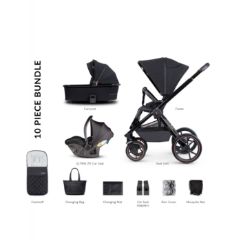 Venicci Tinum Special Edition 3 in 1 Travel System with i-Size Car Seat– Stylish Black (10 Piece Bundle)