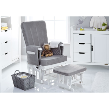 Deluxe Reclining Glider Chair and Stool- White with Grey Cushions- Lifestyle