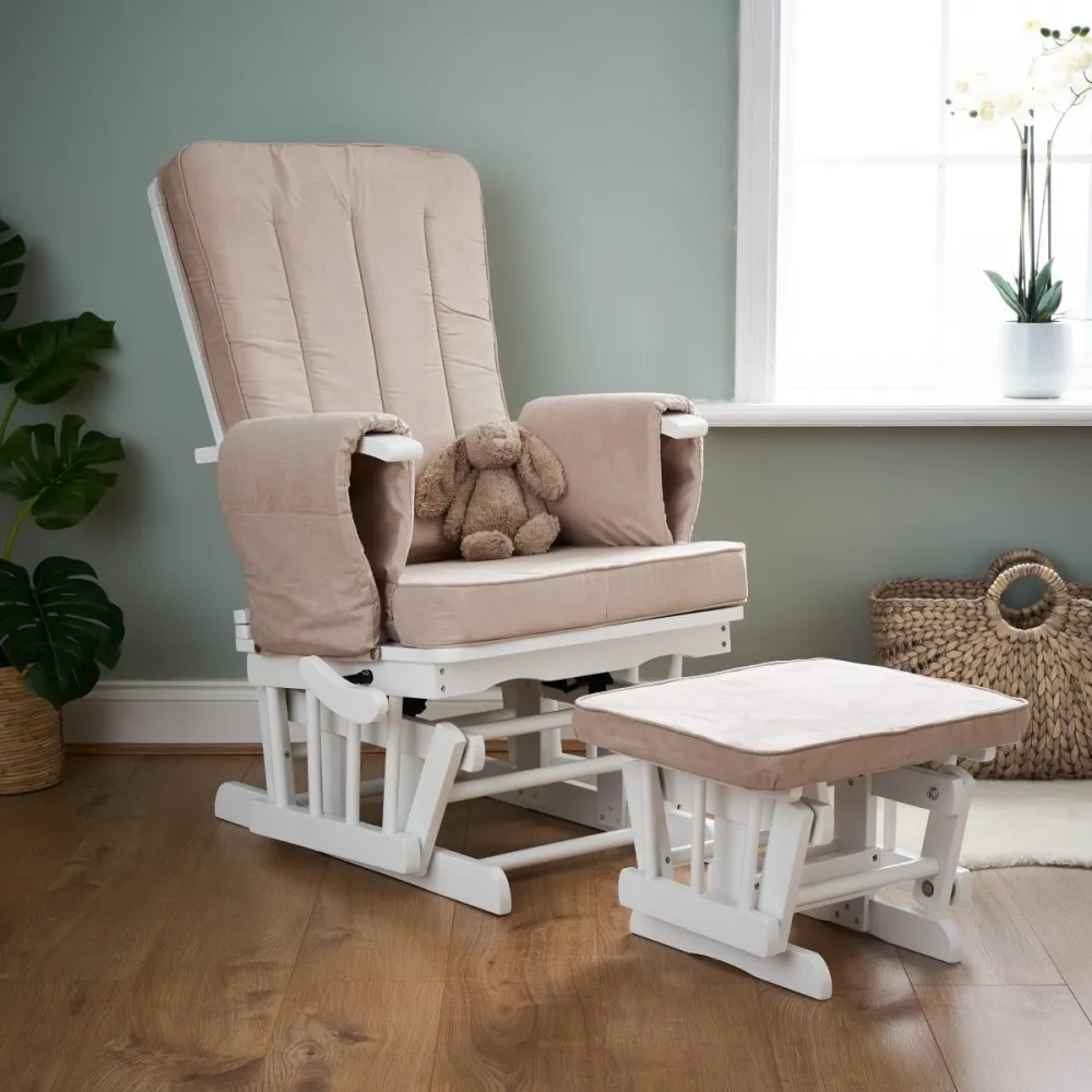Obaby Deluxe Reclining Glider Chair White with Sand Cushions Nursery