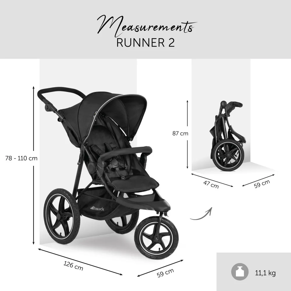 Hauck Runner 2 Black Three Wheel Stroller Pushchair All terrain