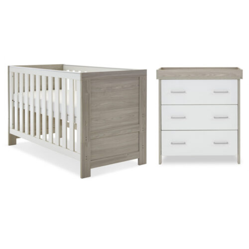 Obaby Nika 2 Piece Nursery Furniture Set Includes Cot Bed And Changing Unit - Grey Wash and White