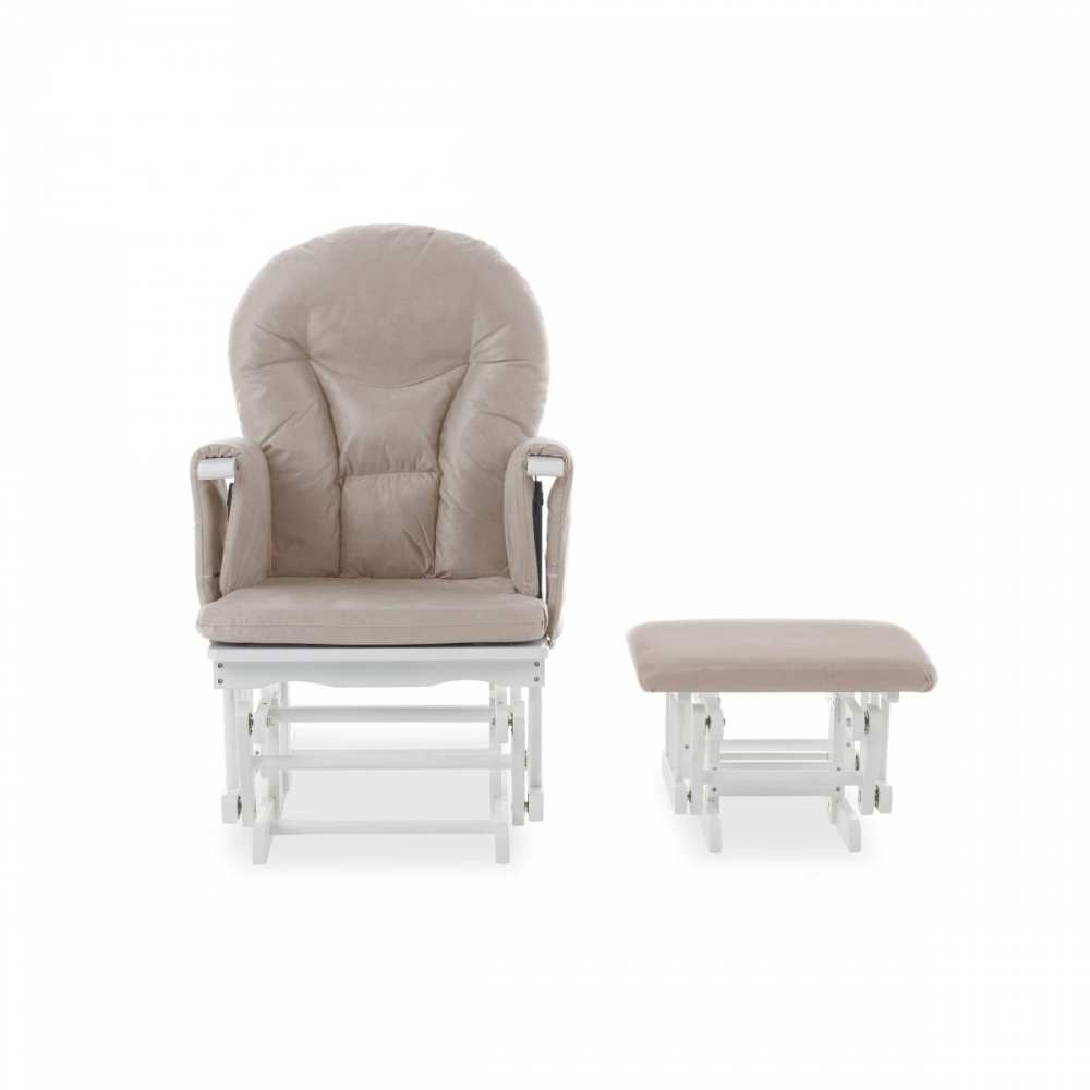 Obaby Reclining Glider Chair and Stool White with Sand Cushions