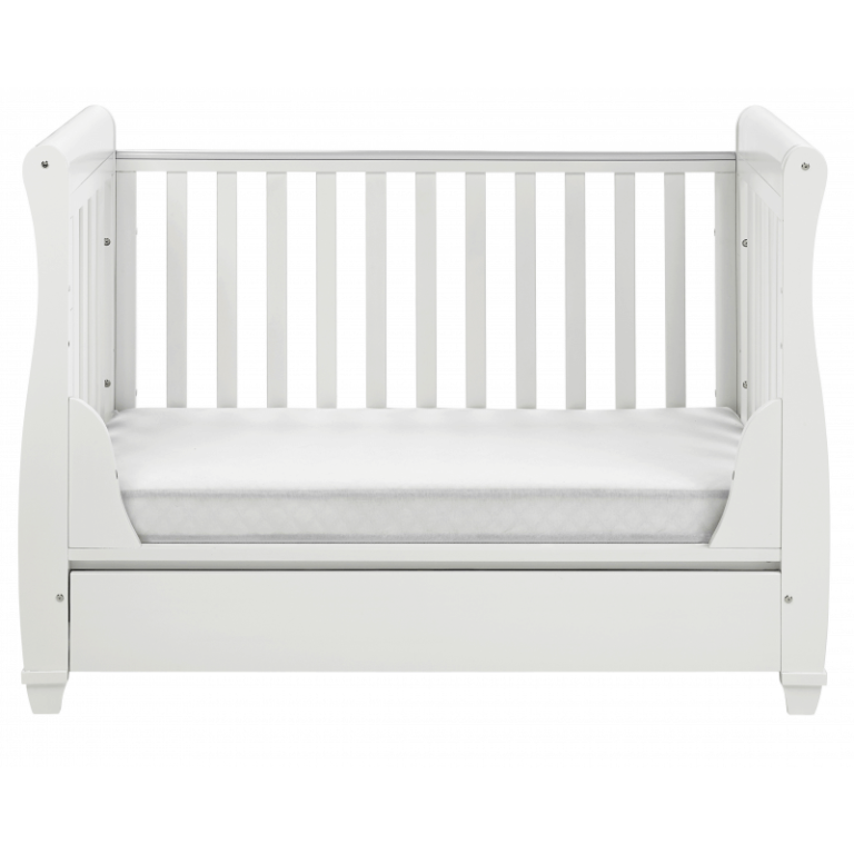 Babymore Eva Sleigh Dropside Mini Cot Bed with Drawer White Olivers