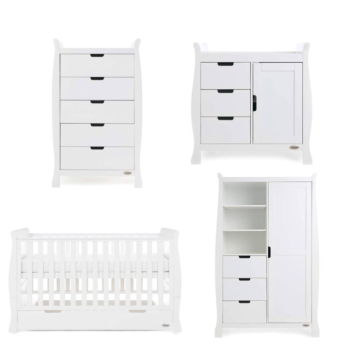 Obaby Stamford Classic Sleigh 4 Piece Nursery Furniture Room Set Includes Cot Bed, Changing Unit And Wardrobe  – White
