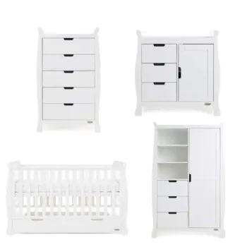 Obaby Stamford Classic Sleigh 4 Piece Nursery Furniture Room Set Includes Cot Bed, Changing Unit And Wardrobe  – White