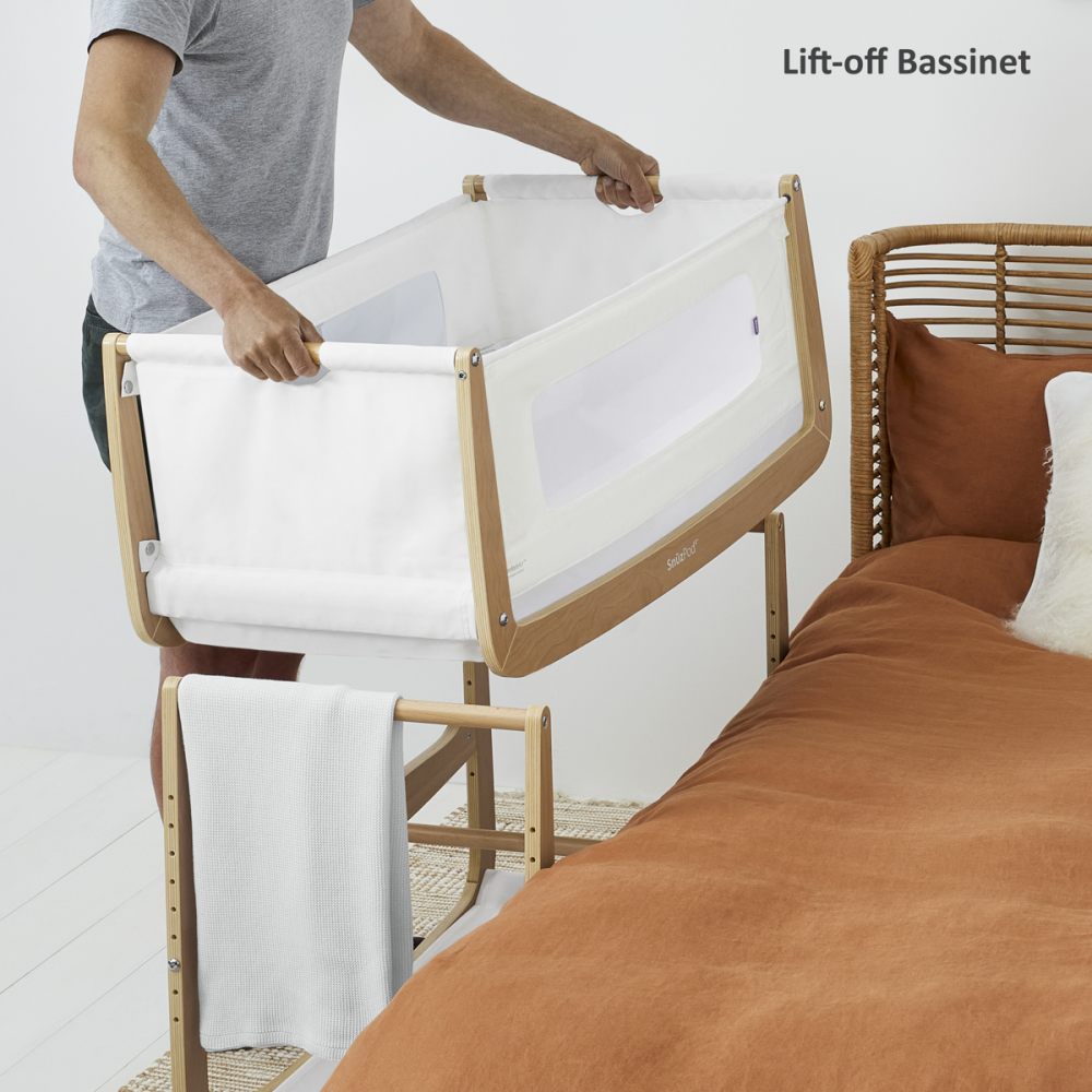 Snuzpod 4 Bedside Crib in Natural featuring the Lift-Off Bassinet for Easy Portability