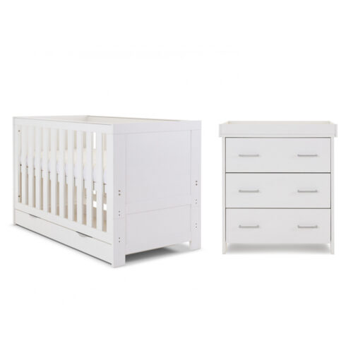 Obaby Nika Cot Bed and Dresser 2 Piece Nursery Furniture Room Set Includes Cotbed And Changing Unit With Under Drawer - White Wash