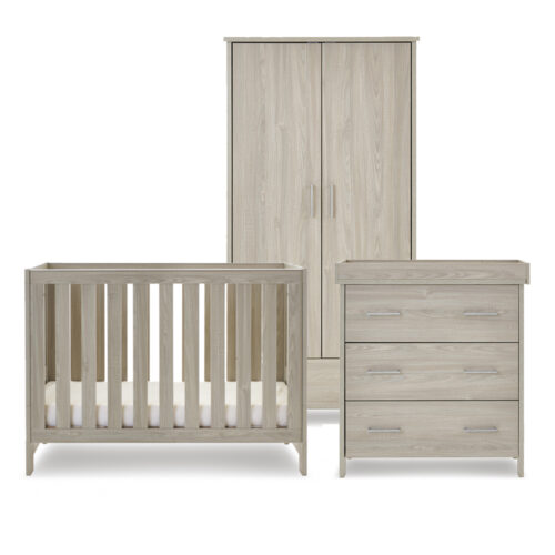 Obaby Nika Mini 3 Piece Nursery Furniture Room Set Includes Cot Bed, Changing Unit And Wardrobe - Grey Wash