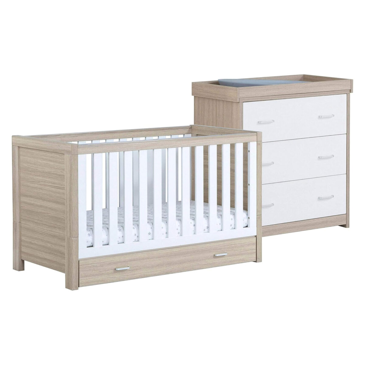 Babymore Luno 2 Piece Nursery Furniture Room Set  Includes Cot Bed  And Three Drawer Chest Changer - White Oak