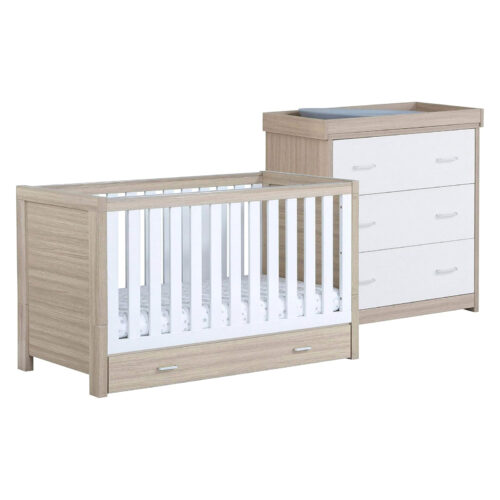 Babymore Luno 2 Piece Nursery Furniture Room Set  Includes Cot Bed  And Three Drawer Chest Changer - White Oak