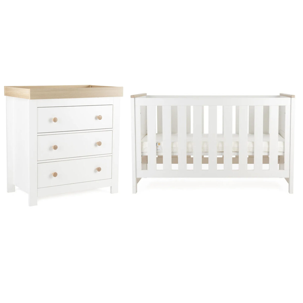 CuddleCo Luna 2 Piece Nursery Furniture Room Set Including Cot Bed And Changing Unit -  White & Oak