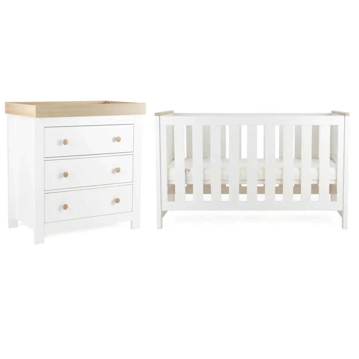CuddleCo Luna 2 Piece Nursery Furniture Room Set Including Cot Bed And Changing Unit -  White & Oak