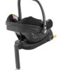 Maxi-Cosi CabrioFix i-Size baby car seat with ISOFIX base showing rear side and airbag warning label.