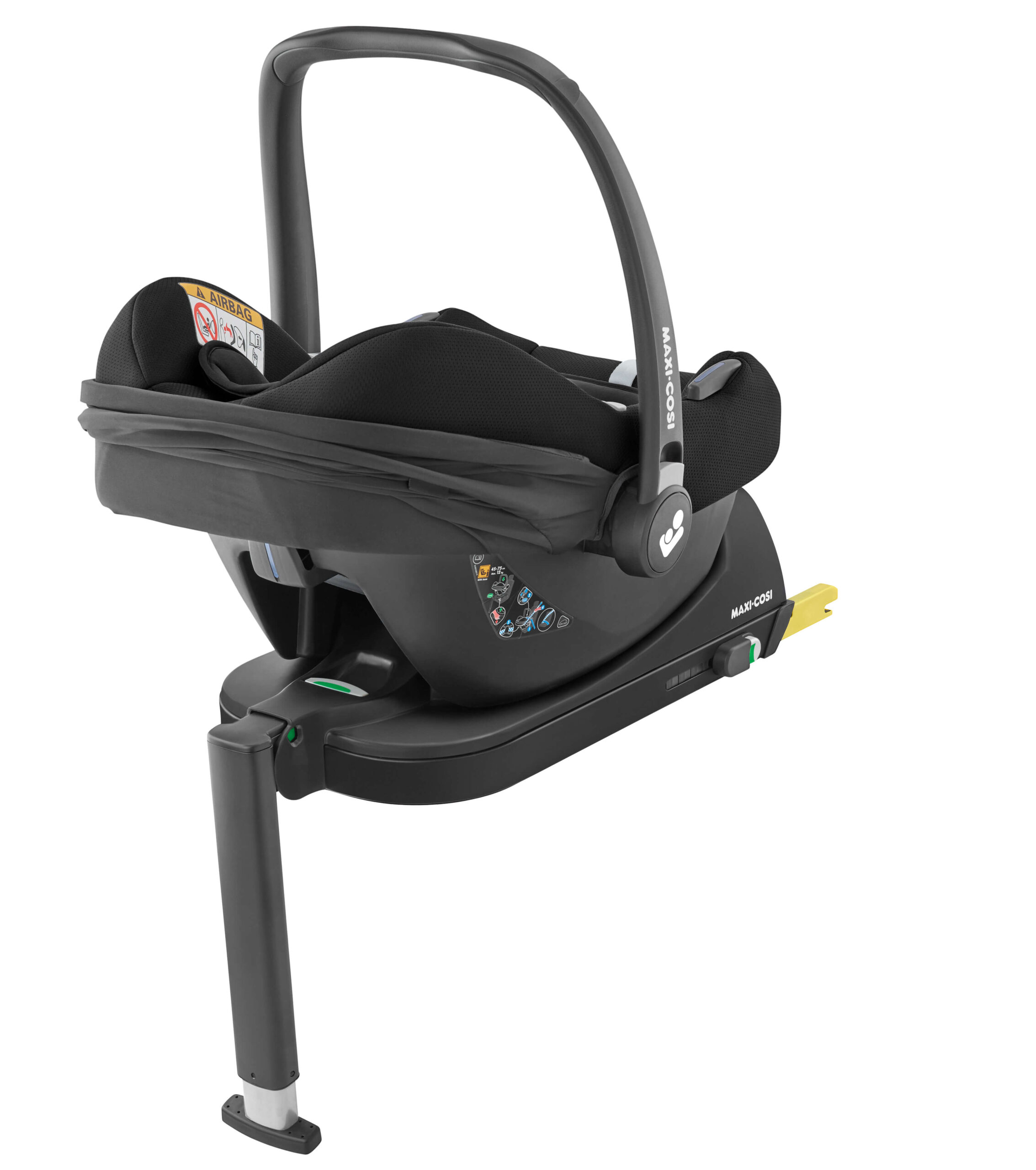 Maxi-Cosi CabrioFix i-Size baby car seat with ISOFIX base showing rear side and airbag warning label.