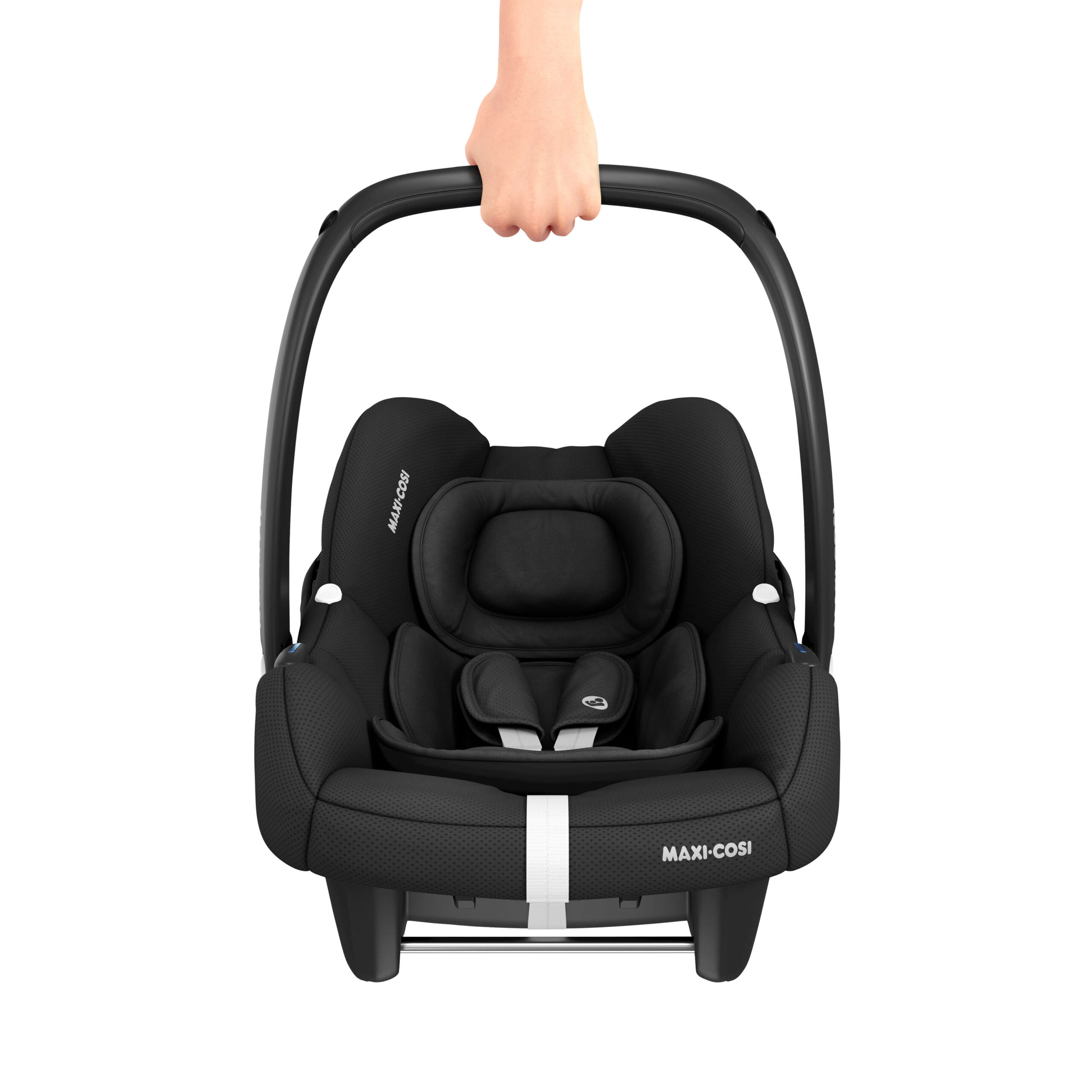 Hand carrying Maxi-Cosi CabrioFix i-Size black car seat, lightweight and travel-friendly design.