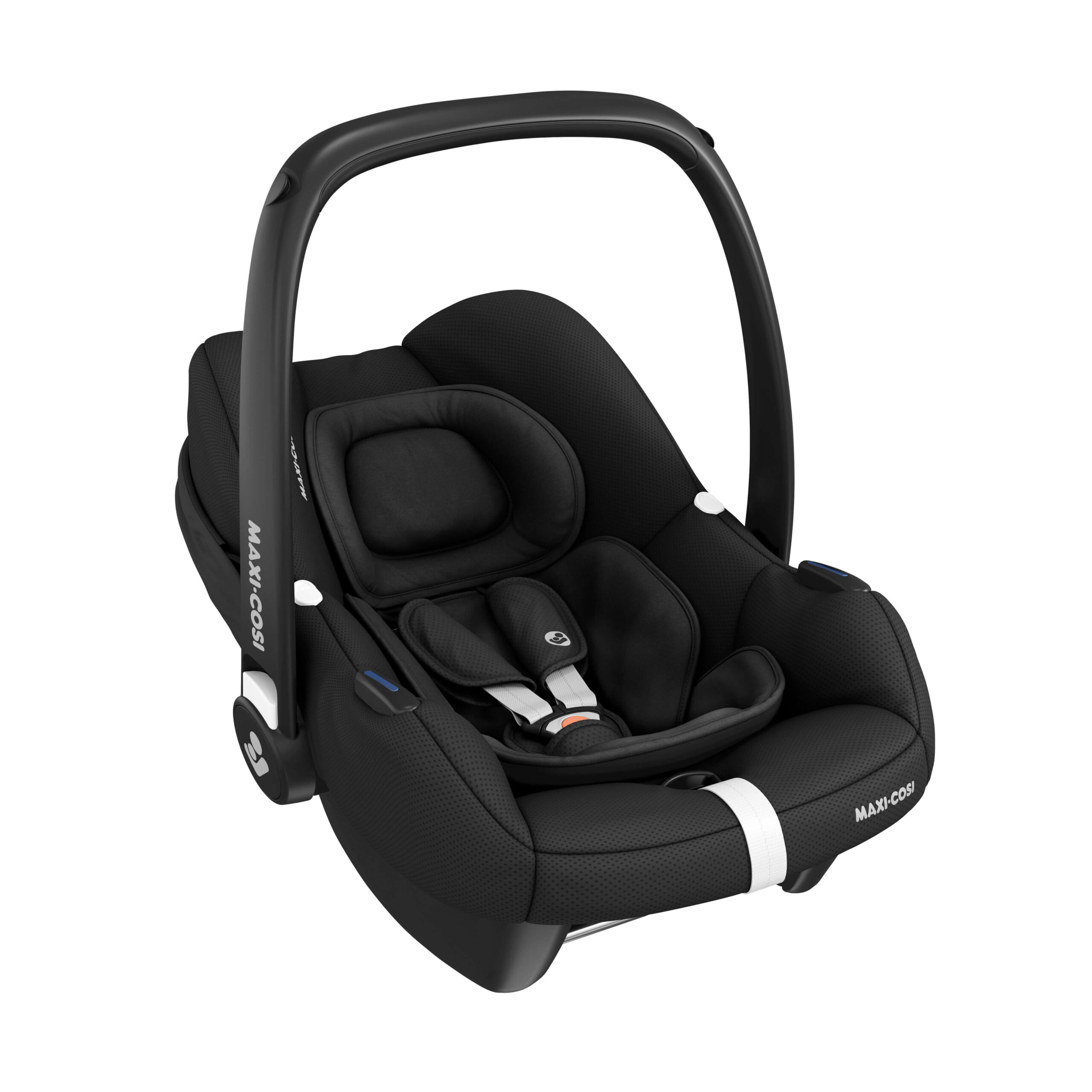 Maxi-Cosi CabrioFix i-Size car seat in black with padded newborn insert and safety harness.