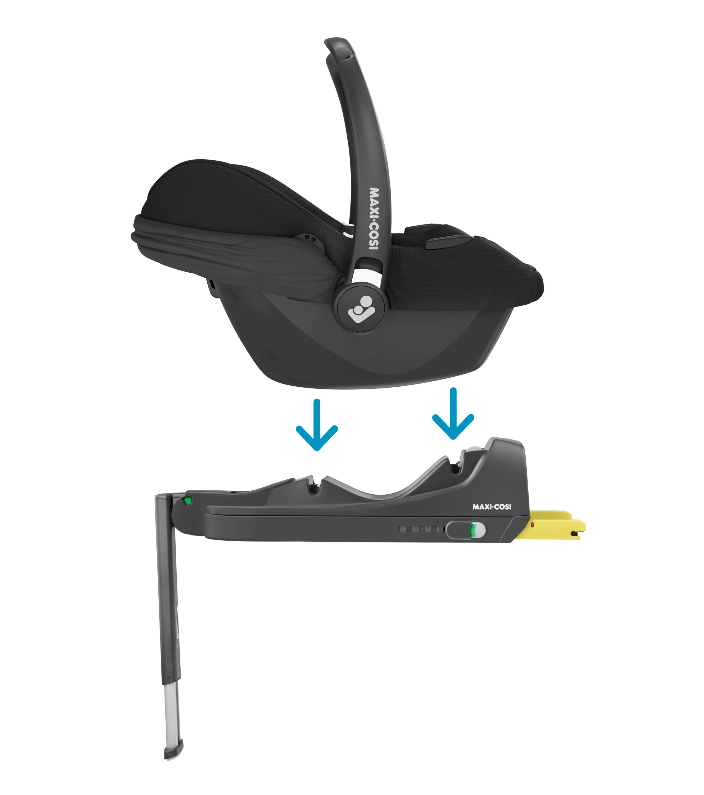 Maxi-Cosi CabrioFix i-Size car seat shown above its ISOFIX base for easy click-and-go installation.