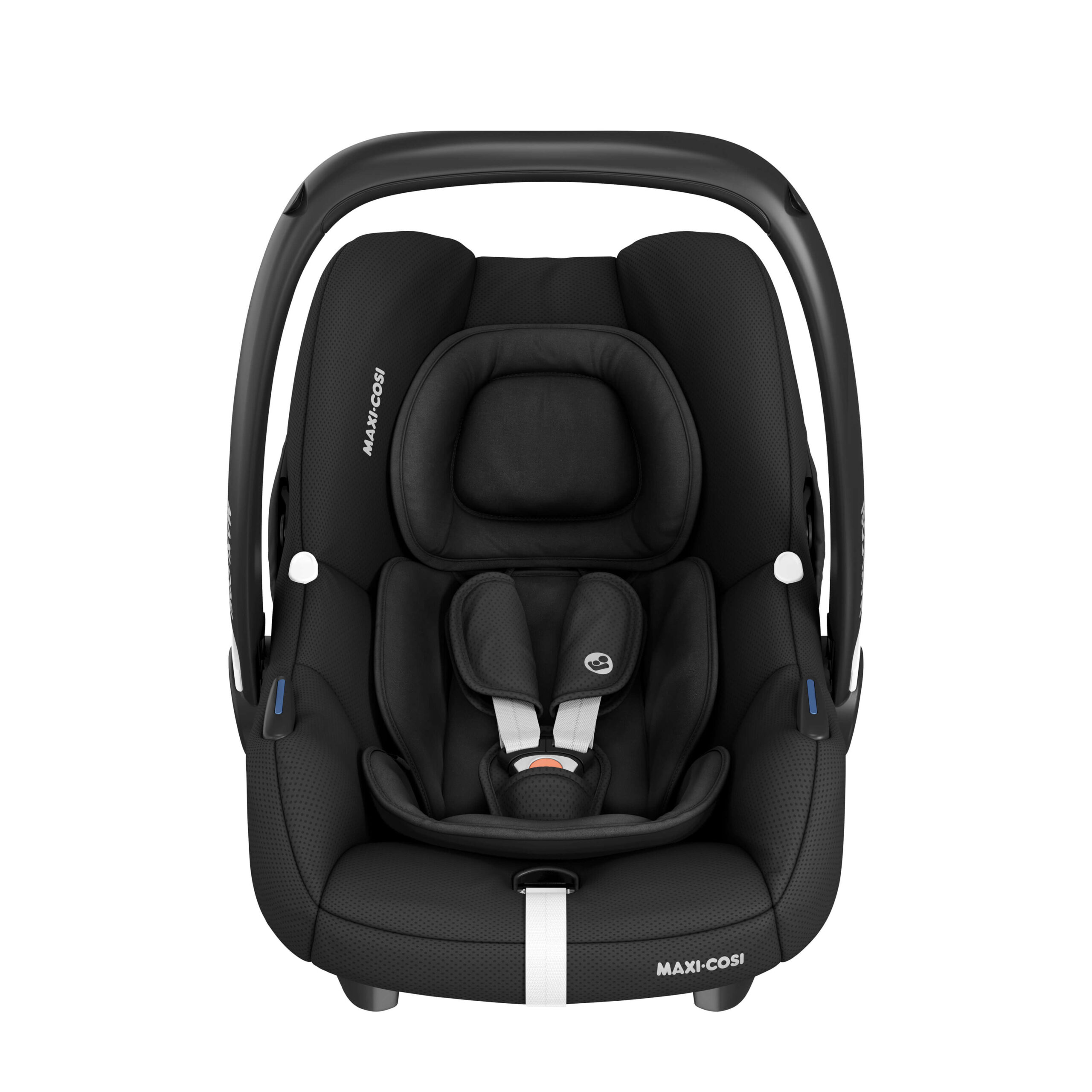 Front view of Maxi-Cosi CabrioFix i-Size baby car seat with head support and 3-point harness.