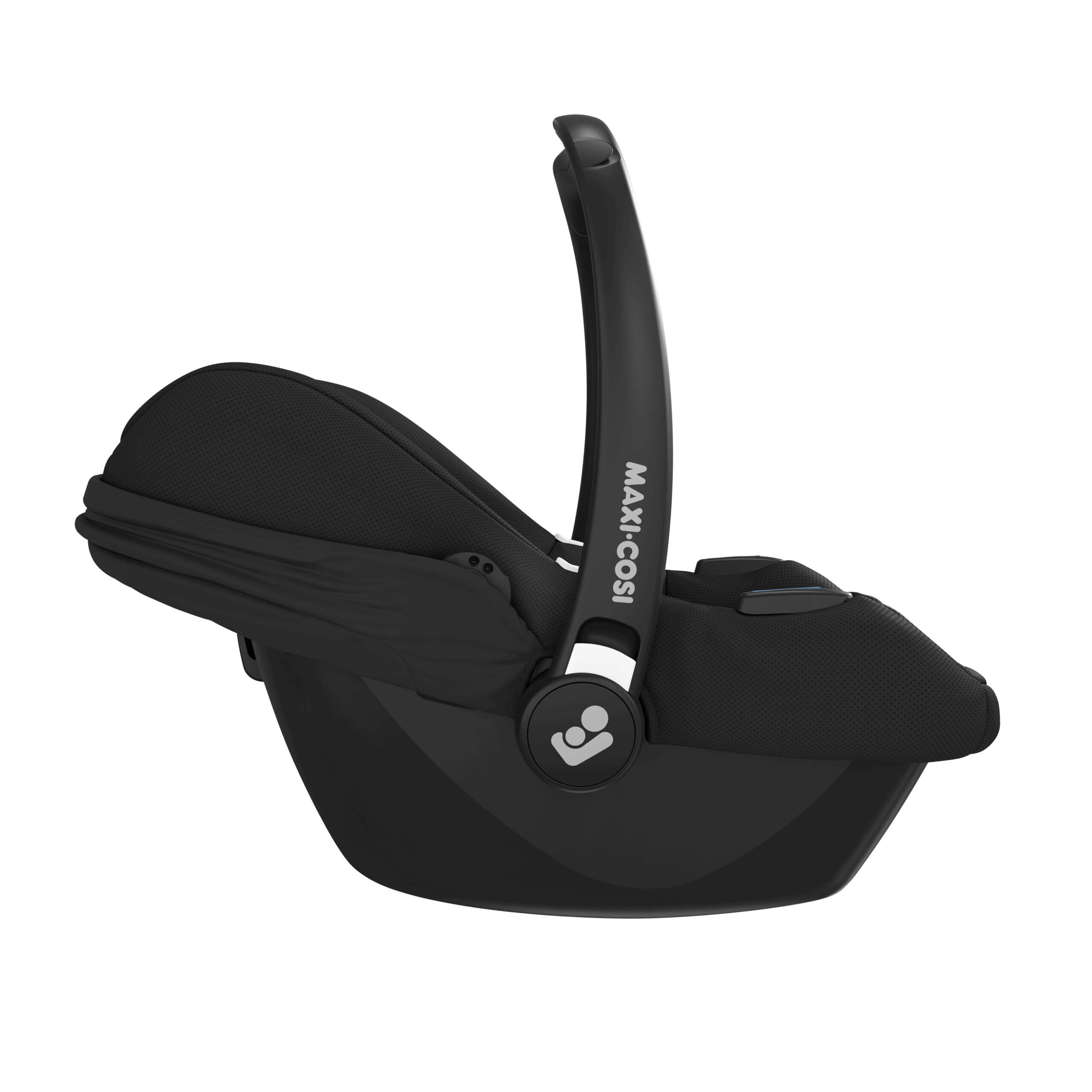 Side profile of Maxi-Cosi CabrioFix i-Size infant car seat in black with ergonomic carry handle.