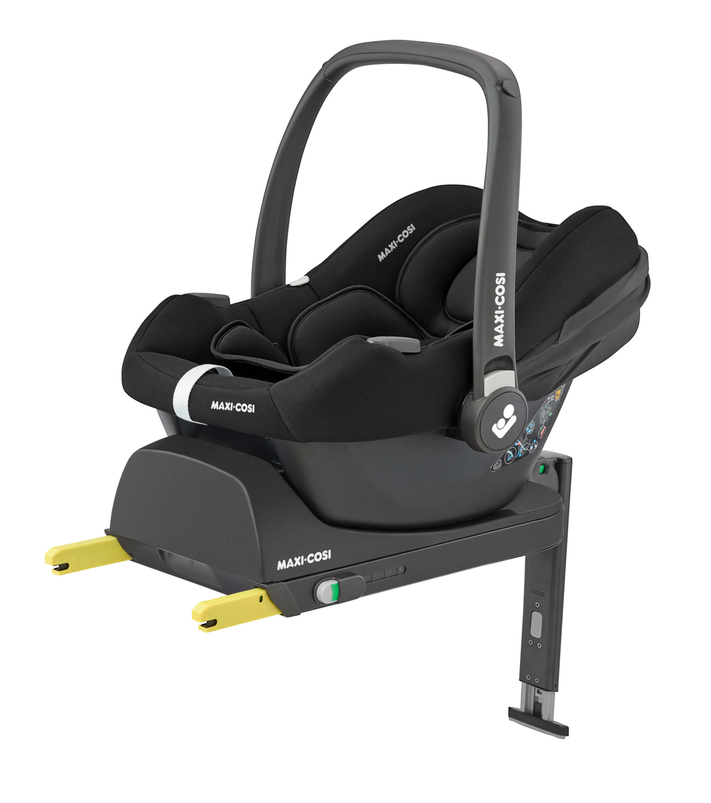 Maxi-Cosi CabrioFix i-Size seat securely attached to ISOFIX base for safe rearward-facing travel.
