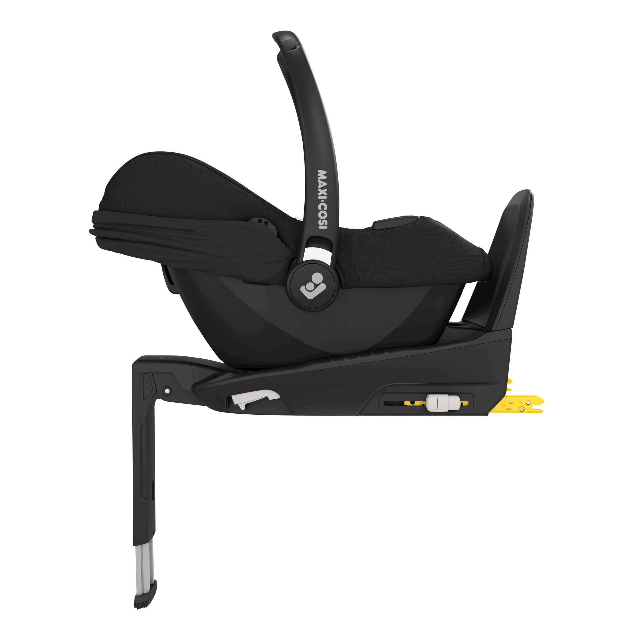 Side view of Maxi-Cosi CabrioFix i-Size seat installed on FamilyFix base using ISOFIX connectors.