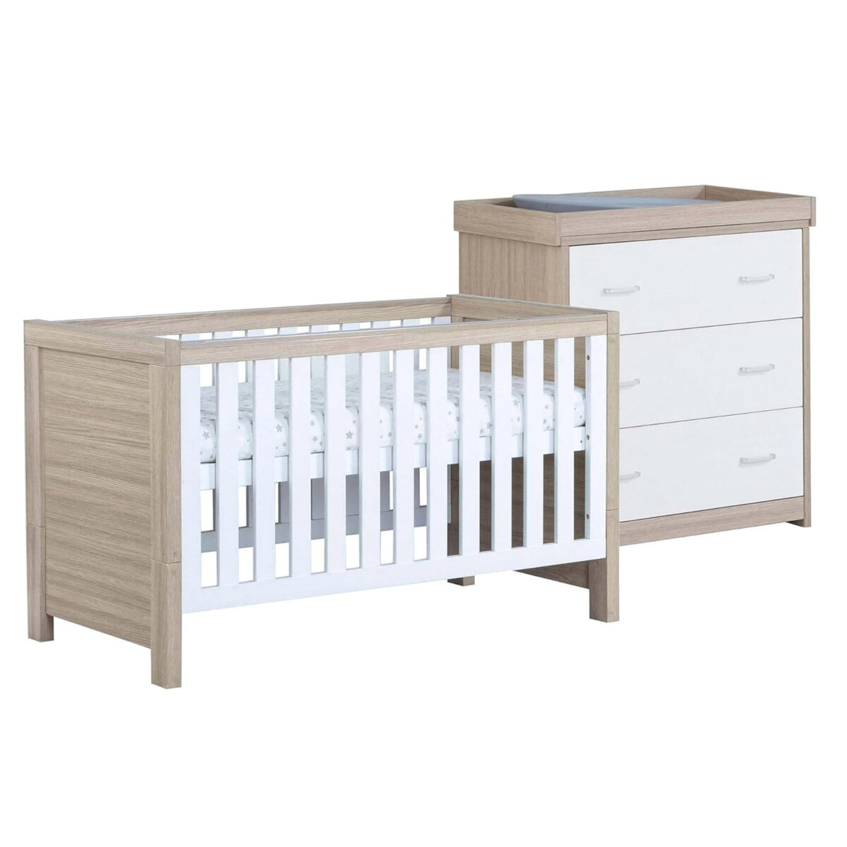 Babymore Luno 2 Piece Nursery Furniture Room Set with Cotbed & Dresser - Oak White
