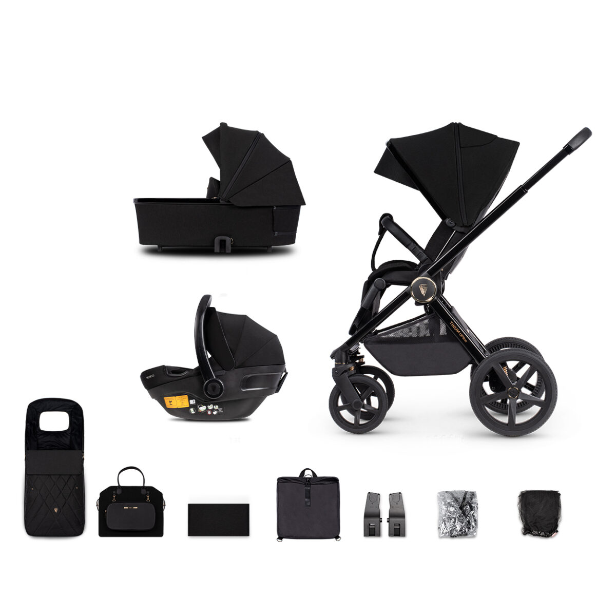 Venicci Upline 3 in 1 Pushchair, Carrycot & Car Seat Travel System - All Black