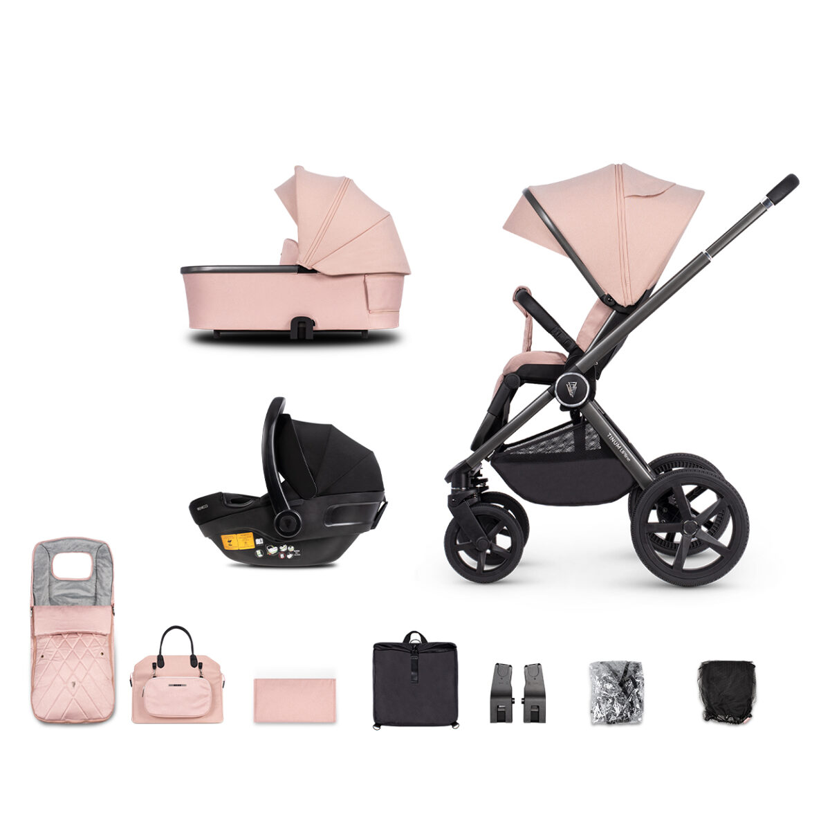 Venicci Upline 3-in-1 Pushchair, Carrycot & Car Seat Travel System Bundle - Misty Rose