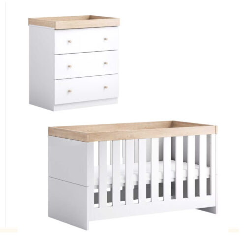 Little Acorns Burlington 2 Piece Nursery Furniture Room Set Includes Cot Bed And Dresser - White/Oak