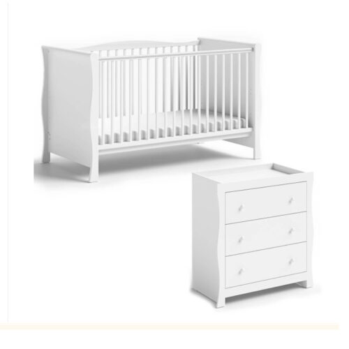 Little Acorns Traditional-Sleigh 2 Piece Nursery Furniture Room Set Includes Cot Bed And Changing Unit - White
