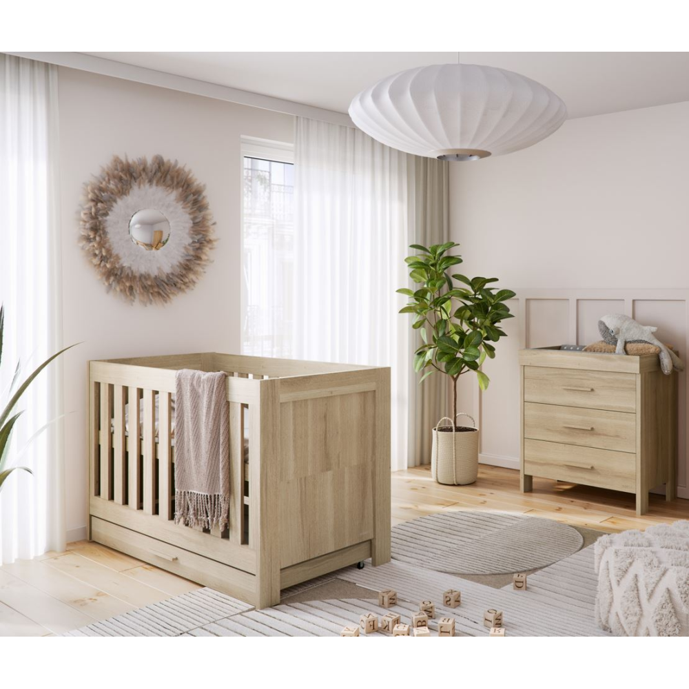 Venicci Forenzo 2 Piece Nursery Furniture Room Set Includes Cot Bed and Chest Changer - Honey Oak - Image 8