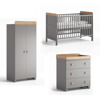 Little Acorns Classic 3 Piece Nursery Furniture Room Set Includes Cot Bed, Dresser And Wardrobe - Grey and Oak