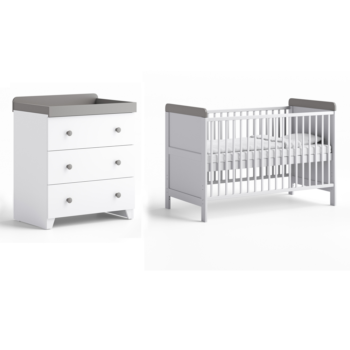 Little Acorns Classic 2 Piece Nursery Furniture Room Set With Cot Bed & Dresser - White & Grey