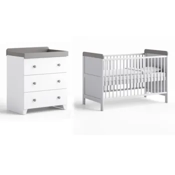 Little Acorns Classic 2 Piece Nursery Furniture Room Set With Cot Bed & Dresser - White & Grey